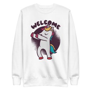 unisex-premium-sweatshirt-white-front-6a17fe089aef3.jpg Welcome Unicorn Sweatshirt