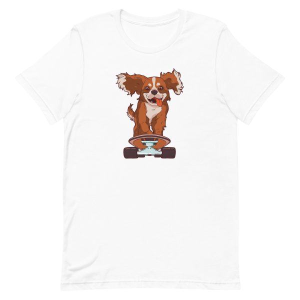 unisex-staple-t-shirt-white-front-6a15af70012af.jpg Cavalier Dog Skater T-Shirt