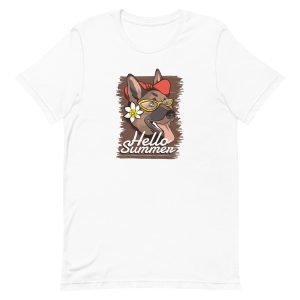 unisex-staple-t-shirt-white-front-6a168fd0ede9c.jpg Hello Summer Dog T-Shirt