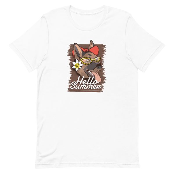 unisex-staple-t-shirt-white-front-6a168fd0ede9c.jpg Hello Summer Dog T-Shirt