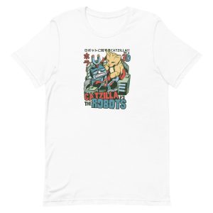 unisex-staple-t-shirt-white-front-6a16d89ba7da9.jpg Catzilla vs Robots T-Shirt