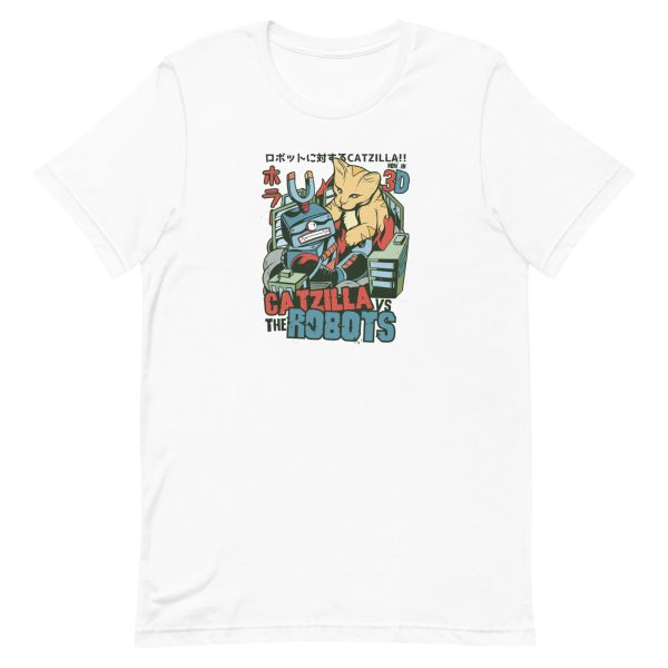 unisex-staple-t-shirt-white-front-6a16d89ba7da9.jpg Catzilla vs Robots T-Shirt