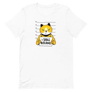 unisex-staple-t-shirt-white-front-6a170ac06b853.jpg Cat Bitcoin Thief T-Shirt