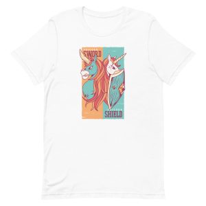 unisex-staple-t-shirt-white-front-6a17b0658a69d.jpg Unicorns Sword and Shield T-Shirt