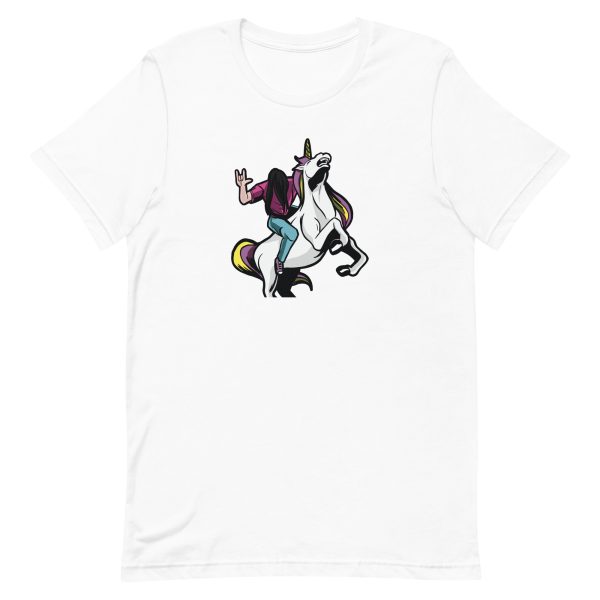 unisex-staple-t-shirt-white-front-6a17e4ca37c13.jpg Metalhead Riding Unicorn T-Shirt