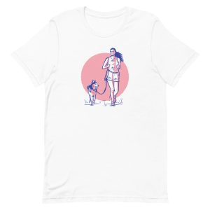 unisex-staple-t-shirt-white-front-6a6ba2e77bf0a.jpg Woman and Dog T-Shirt